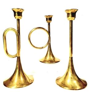 Vintage Silvestri Brass Horns Taper Candlestick Holders Home Decor Accents Set 3